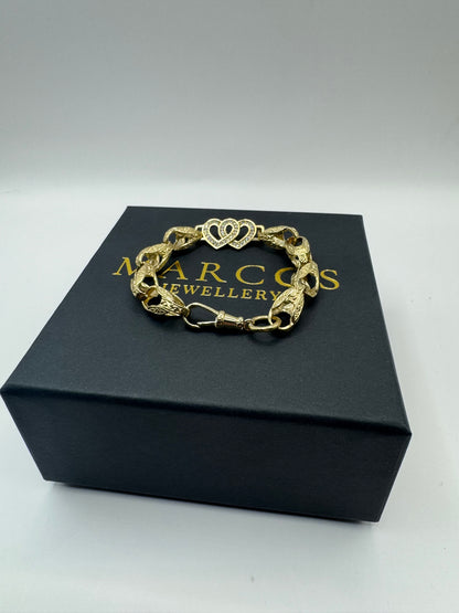 9ct Gold Tulip X Heart Bracelet CZ Stones 7" 13mm 14.6g
