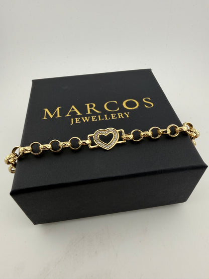 9ct Gold CZ Heart Belcher Bracelet 6.5" 7.5mm 10.8g