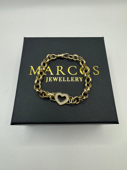 9ct Gold Tulip X Heart Bracelet CZ Stones 7" 13mm 14.6g