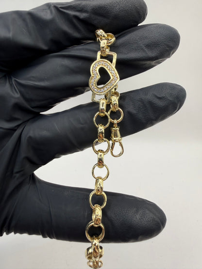 9ct gold CZ heart belcher bracelet 7.5” 7/11mm 12.26g