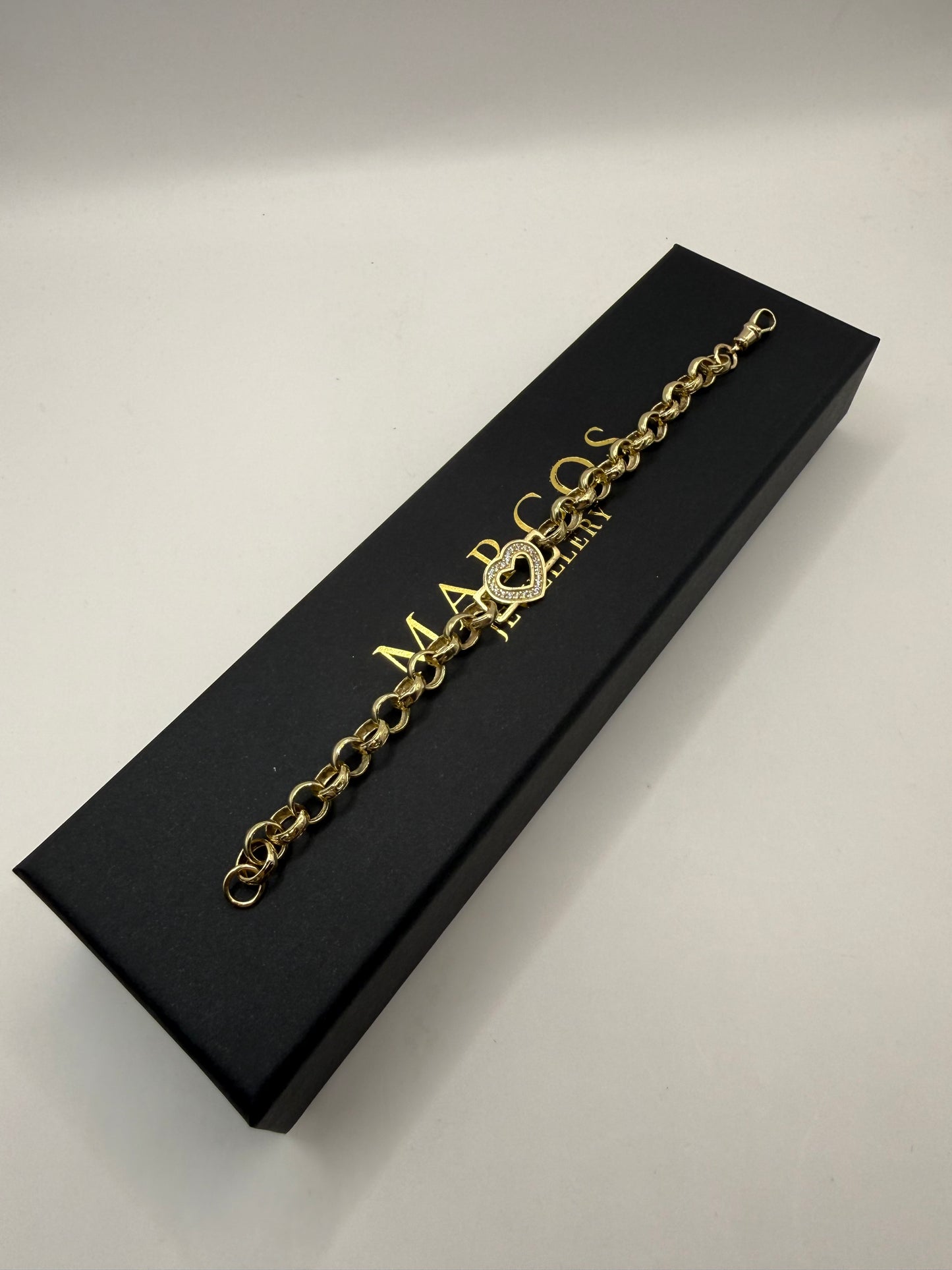 9ct gold CZ heart belcher bracelet 7.5” 7/11mm 12.26g