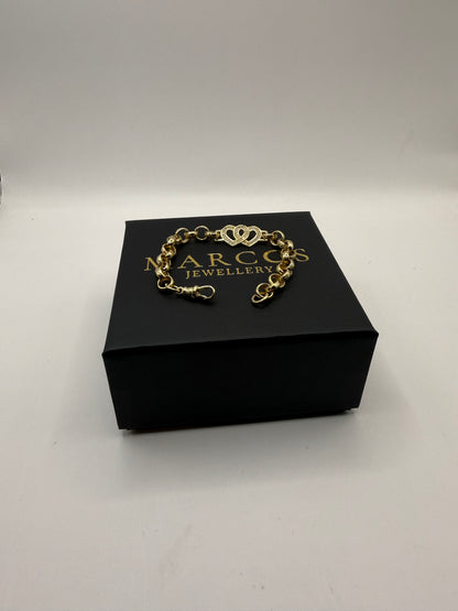 9ct Gold Belcher X Heart Bracelet CZ 7” 7-13mm 12.29g
