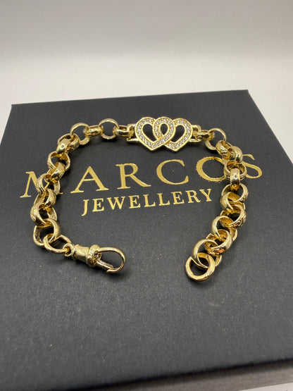 9ct Gold Belcher X Heart Bracelet CZ 7” 7-13mm 12.29g