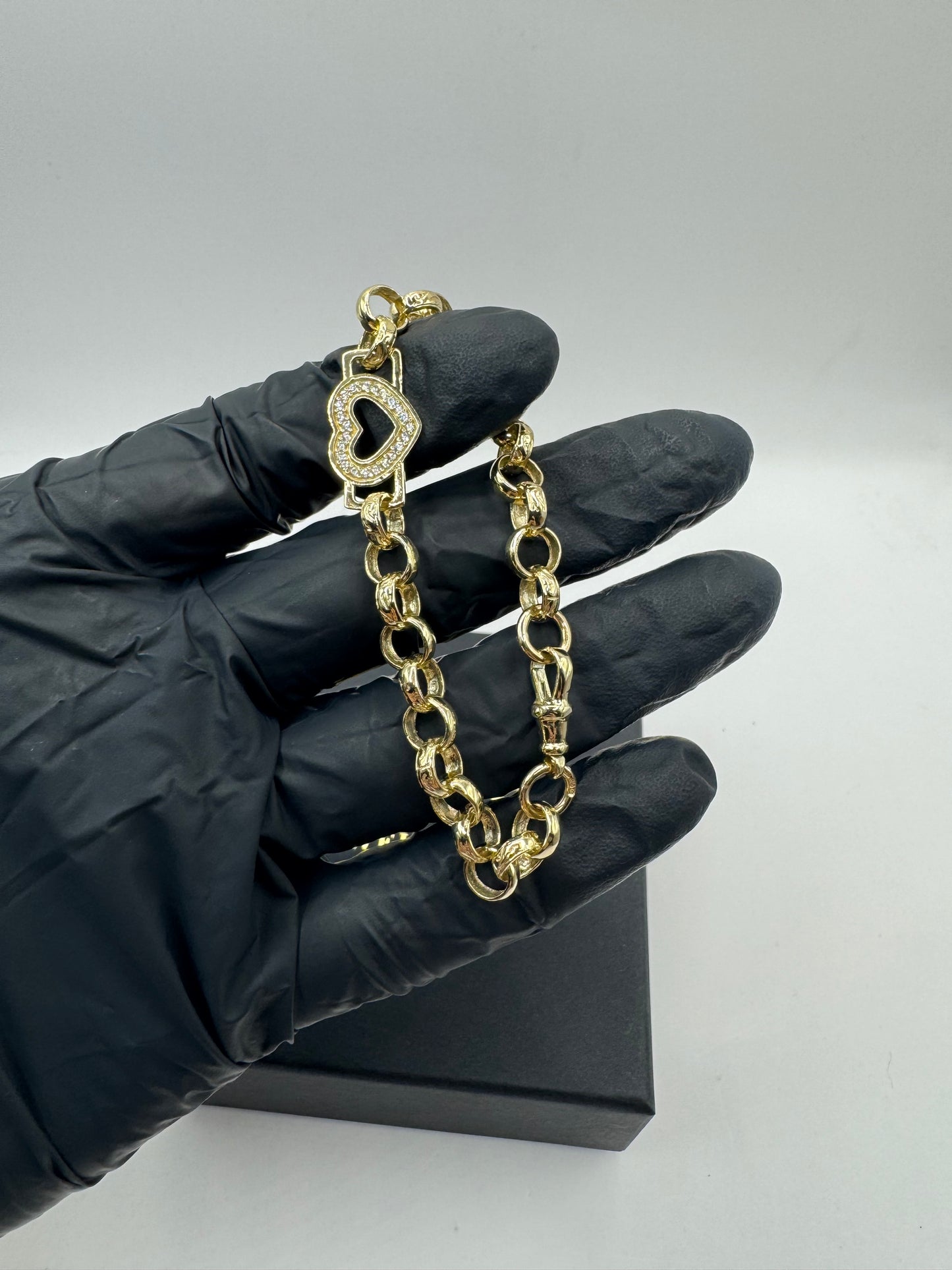 9ct Gold Tulip X Heart Bracelet CZ Stones 7" 13mm 14.6g
