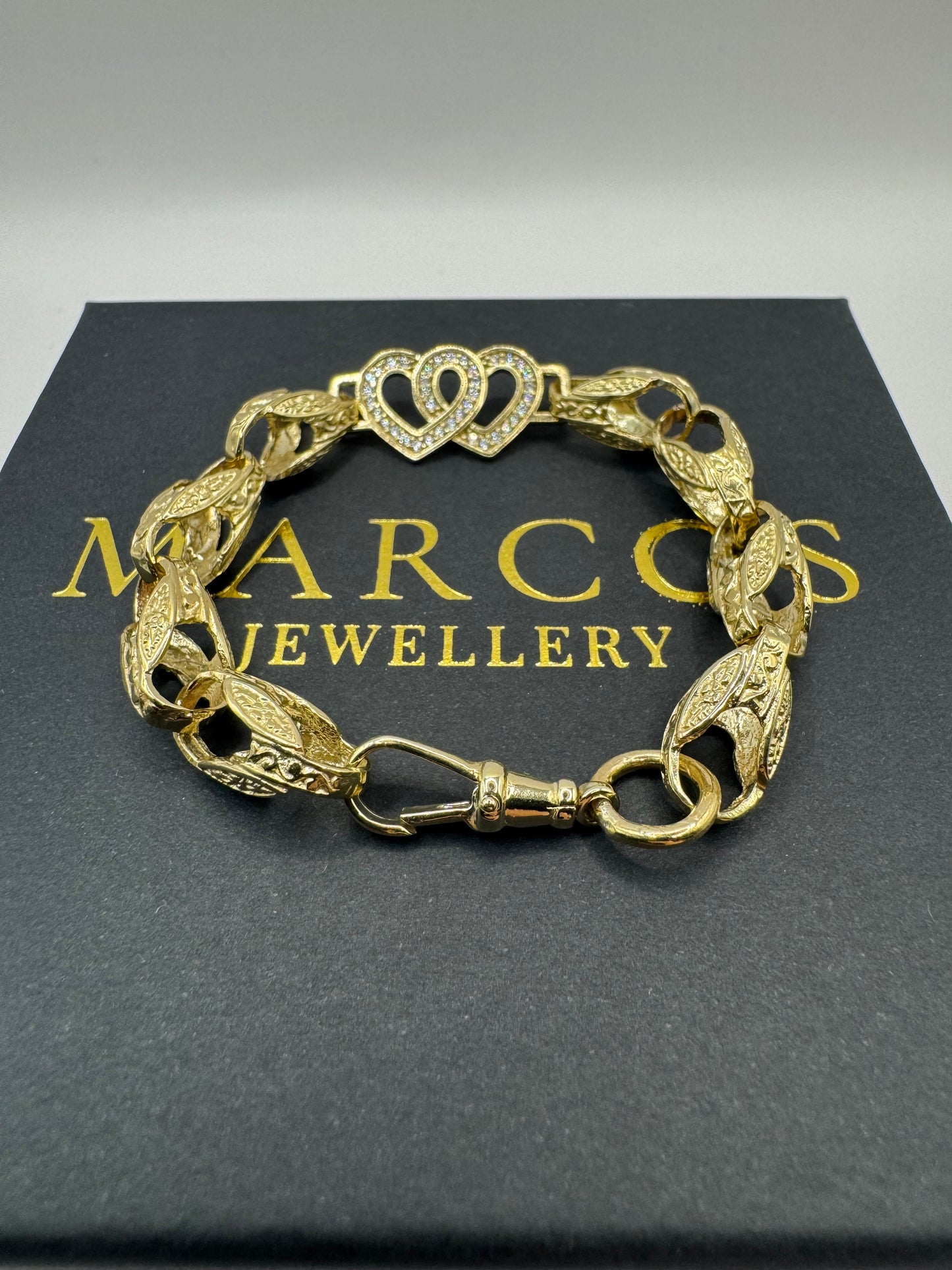9ct Gold Tulip X Heart Bracelet CZ Stones 7" 13mm 14.6g