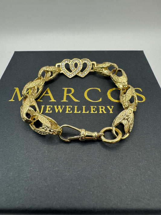 9ct Gold Tulip X Heart Bracelet CZ Stones 7" 13mm 14.6g