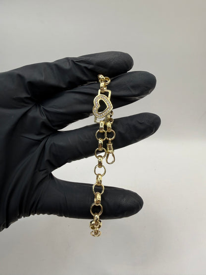 9ct gold CZ heart belcher bracelet 7.5” 7/11mm 12.26g