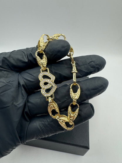 9ct Gold Tulip X Heart Bracelet CZ Stones 7" 13mm 14.6g