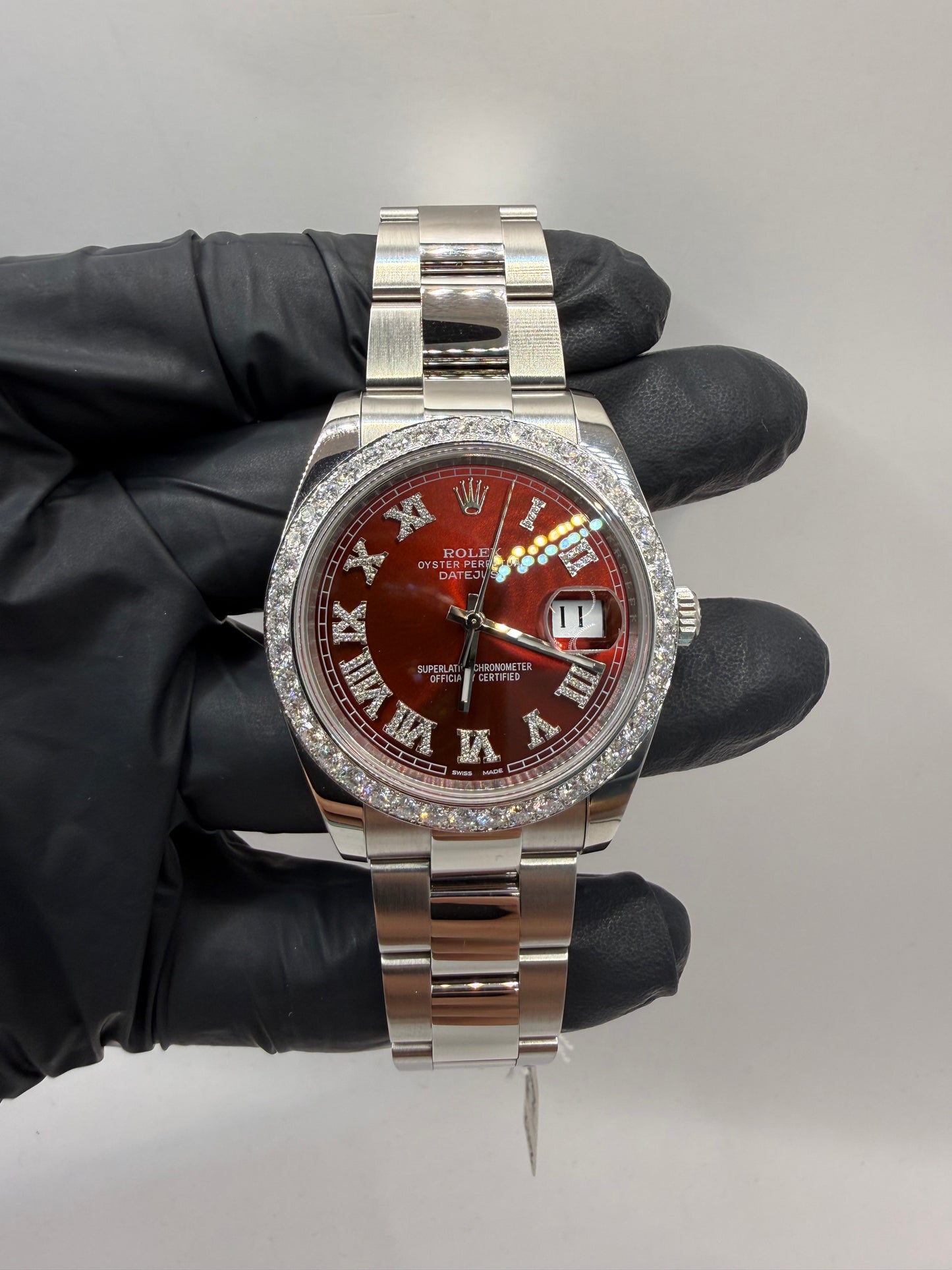 Rolex Datejust 41mm 126300 2022 Red Roman Numeral Dial Diamond Set
