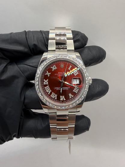 Rolex Datejust 41mm 126300 2022 Red Roman Numeral Dial Diamond Set