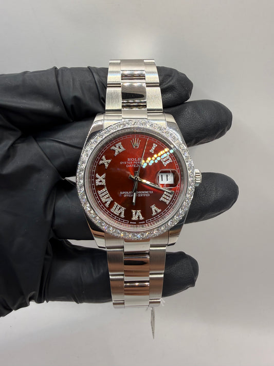 Rolex Datejust 41mm 126300 2022 Red Roman Numeral Dial Diamond Set