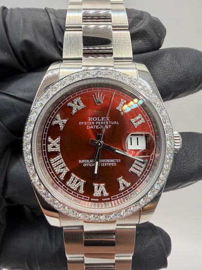 Rolex Datejust 41mm 126300 2022 Red Roman Numeral Dial Diamond Set